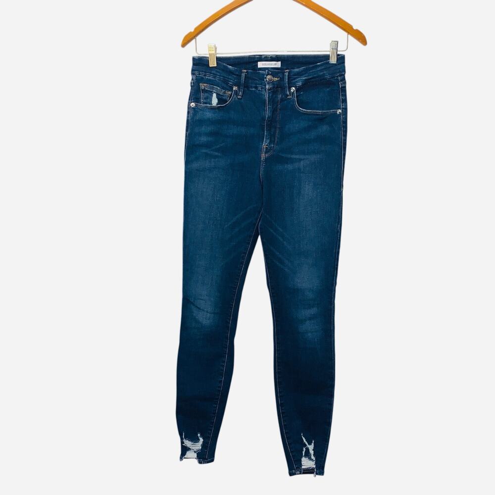 Good American | Good Waist Blue Distressed Skinny Jeans size 29(27) Raw Hem